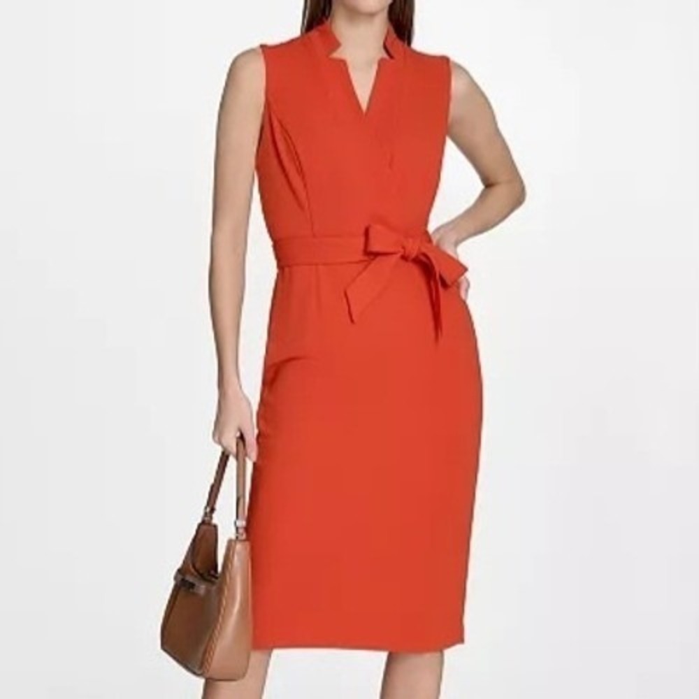Calvin Klein Sleeveless Midi Sheath Orange Belted Dress Womens Size 4 NWT